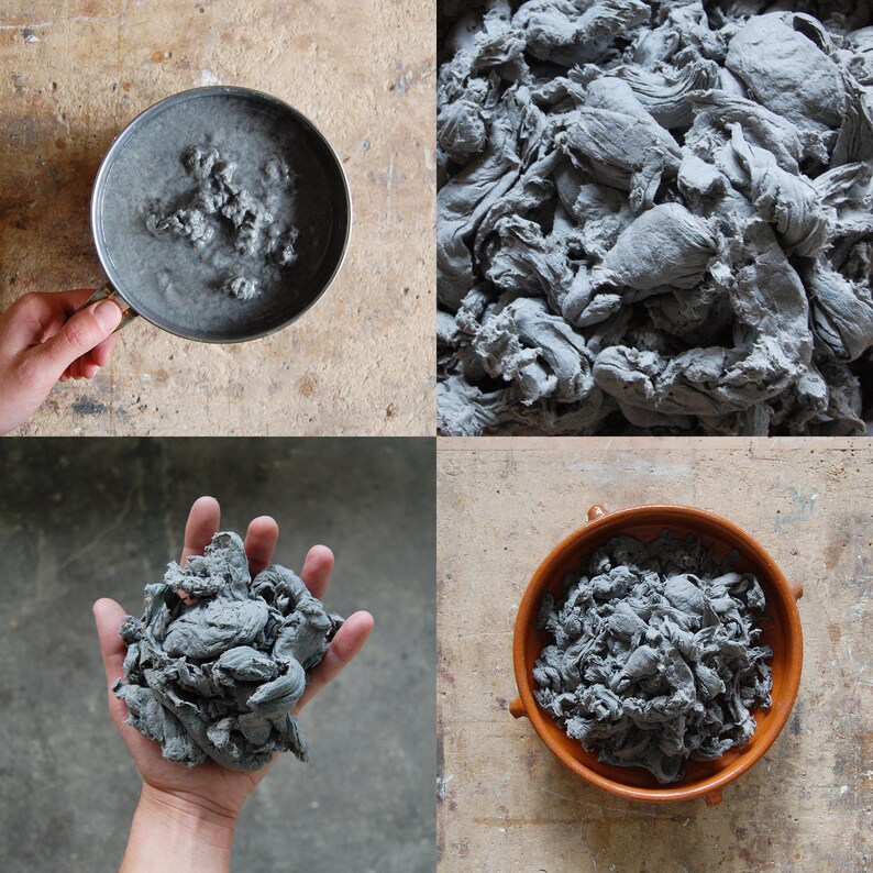 May include: A collage of four images showing gray paper pulp in various stages. The pulp is in a pot, a pile, a hand, and a terracotta bowl. The pulp appears to be handmade and has a textured, organic appearance. The background is a light-colored wooden surface.