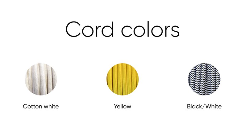 May include: Image displaying three cord color options: cotton white, yellow, and black/white. The text "Cord colors" is at the top. Each color is presented in a circular format, showcasing the texture and hue of the cords.