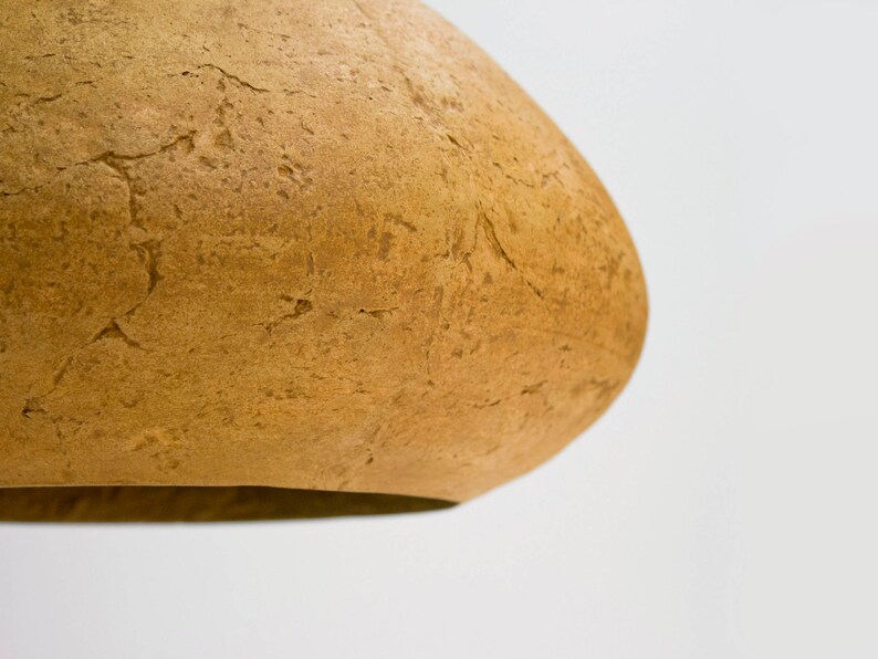 detail of Minimalist yellow Lamp for Kitchen Island made of paper mache
