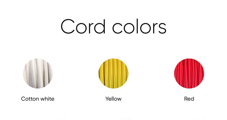 May include: Image displaying three circular samples of cords in different colors. The text "Cord colors" is at the top. The cord colors are cotton white, yellow, and red, each labeled below their respective sample.