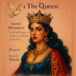 Puede incluir: Ilustración de la carta del tarot "La Reina". La imagen presenta a una mujer con corona, pendientes y collar, vestida con un vestido azul y rojo, con pelo largo azul. El texto incluye afirmaciones, oraciones y un mantra.