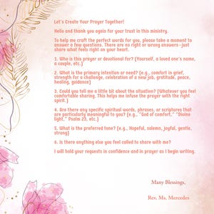 May include: A pink and white card with floral designs and the word "SPIRIT" at the top. The card features text inviting prayer requests, including prompts for the recipient to share their needs and intentions.