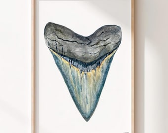 Megalodon Shark Tooth Watercolor Print: Coastal Wall Art