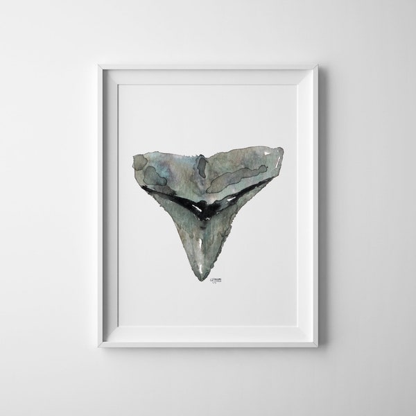 Bull Shark Tooth Watercolor Art Print, No. 6,  Minimalist Beach Decor