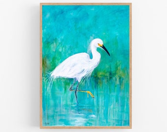 White Snowy Egret Art Print with Turquoise Background, Shorebird Art Print