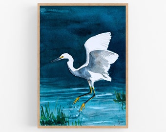 Snowy Egret Painting, Egret Art Print, Egret Artwork, Egret Painting, Bird Watercolor, Egret Watercolor, Bird Art