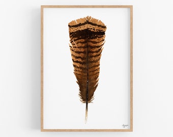 Turkey Feather Print, Feather Watercolor Painting, Feather Art Print, Feather Painting, Brown Feather