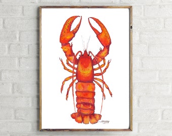 Red Orange Lobster Watercolor Art Print Coastal Wall Decor