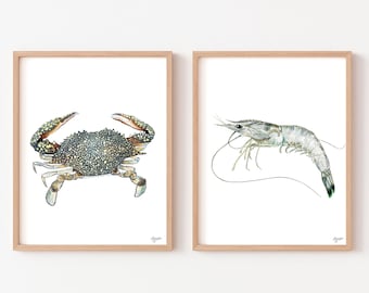 Shrimp Art, Crab Prints, Neutral Art Print Set, Coastal Print Set