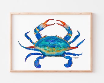 Blue Crab Watercolor Art Print, Coastal Art and Beach Decor