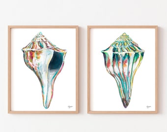 Sea Shell Art, Coastal Gallery Wall Art, Set of 2 Art Prints, Whelk Shell