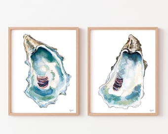 Blue Oyster Watercolor Prints, Sea Shell Print Set, Coastal Print Set