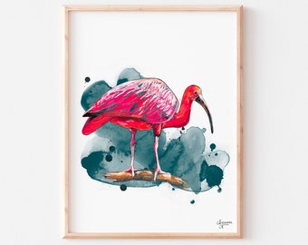 Scarlet Ibis Print, Ibis Print, Ibis Art, Pink Bird Painting, Pink Bird Art, Pink Bird Print, Beach House Decor