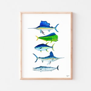Sport Fish Print, Offshore Grand Slam, Pelagic Fish Art, Fishing Gift, Sailfish, Mahi Mahi, Wahoo, Tuna, Marlin image 1