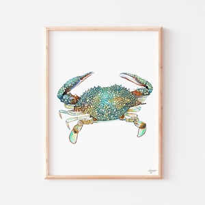 Colorful Crab Art, Speckled Swimming Crab, Crab Watercolor Painting, Coastal Art