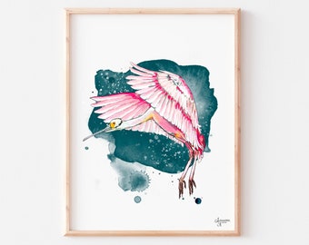 Roseate Spoonbill Painting, Spoonbill Print, Spoonbill Art, Spoonbill Painting, Pink Bird Art, Pink Bird Print, Beach House Decor