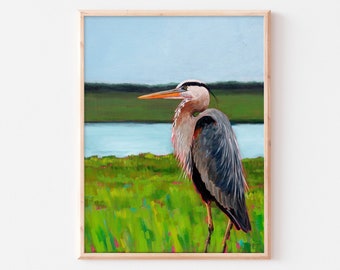 Great Blue Heron Print, Coastal Bird Art, Marsh Painting