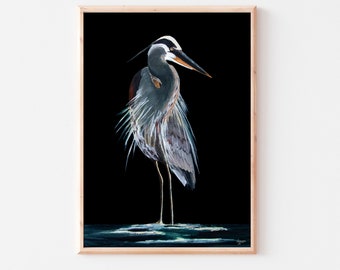 Great Blue Heron Art, Heron Print, Heron Painting, Coastal and Wildlife Art