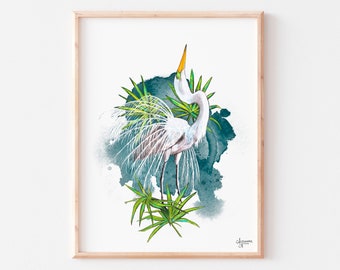 Great Egret Painting, Egret Art Print, Egret Artwork, Shorebird Art, Bird Art, Coastal Art, Beach House Decor