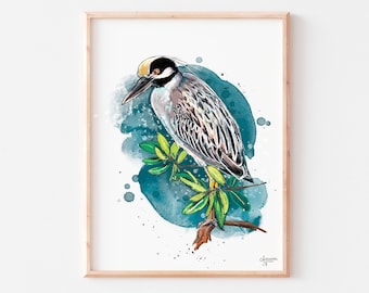 Yellow Crowned Night Heron, Night Heron Art, Coastal Bird Print, Bird Artwork