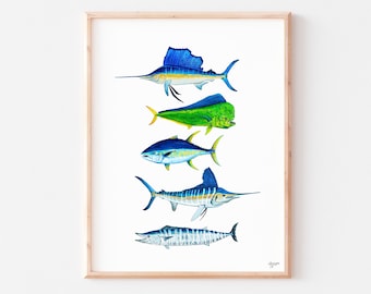 Sport Fish Print, Offshore Grand Slam, Pelagic Fish Art, Fishing Gift, Sailfish, Mahi Mahi, Wahoo, Tuna, Marlin