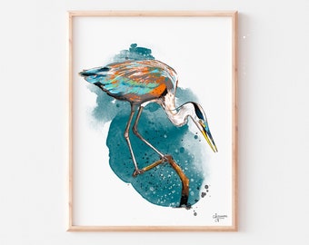 Great Blue Heron Print, Heron Art, Coastal Bird Print, Bird Artwork