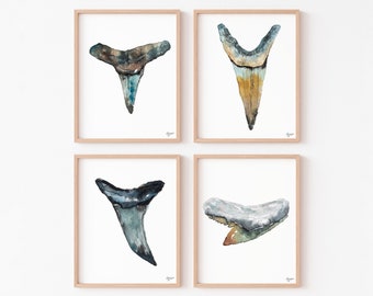 Shark Tooth Print Set, Shark Teeth Painting, Coastal Print Set of 4