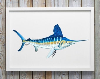 Marlin Wall Art,  White Marlin Watercolor Art Print, Fish Decor, Fisherman Gift