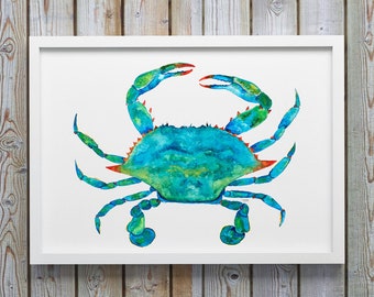 Print of  Blue Crab Watercolor, Coastal Wall Art