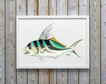 Rooster Fish Watercolor Art Print, Fish Wall Decor, Fish Print, Coastal Art