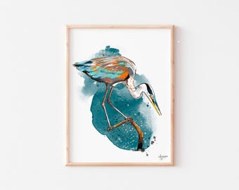 Blue Heron Art Print, Coastal Bird Illustration
