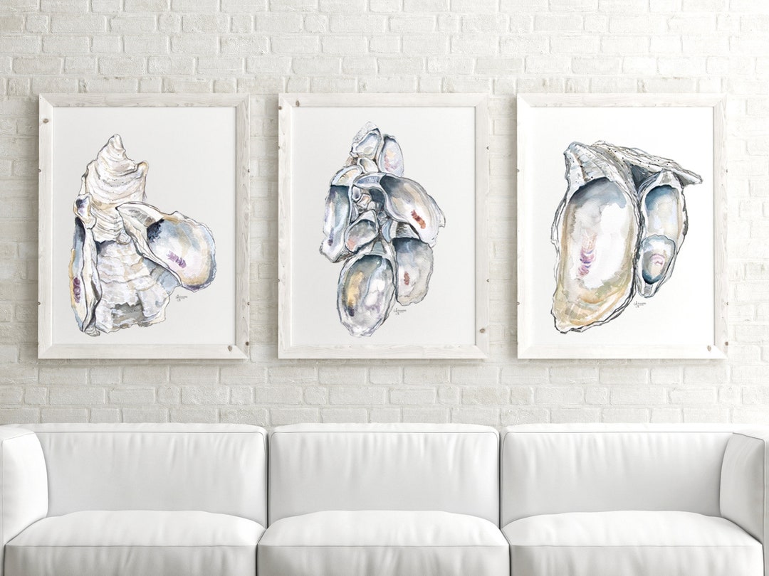 Earth Tone Wall Art Set, Coastal Watercolor Oyster Print, Discounted