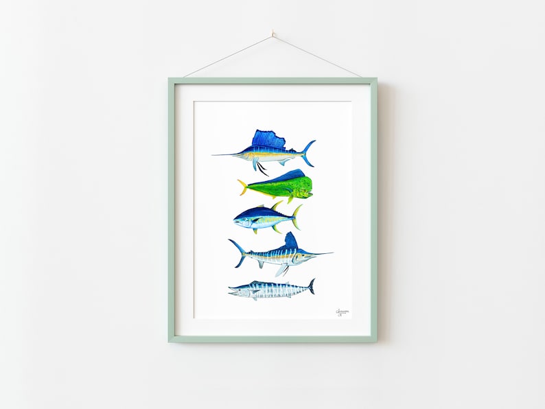 Sport Fish Print, Offshore Grand Slam, Pelagic Fish Art, Fishing Gift, Sailfish, Mahi Mahi, Wahoo, Tuna, Marlin image 5