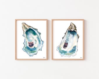 Blue Oyster Watercolor Print Set: Coastal Wall Art