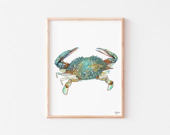 Speckled Crab Watercolor Painting: Colorful Coastal Art Print