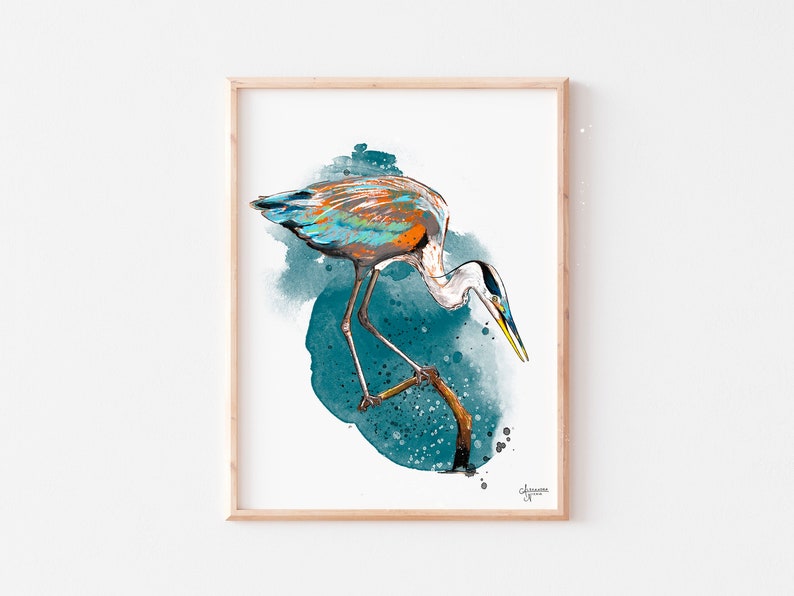 Great Blue Heron Print, Heron Art, Coastal Bird Print, Bird Artwork image 1