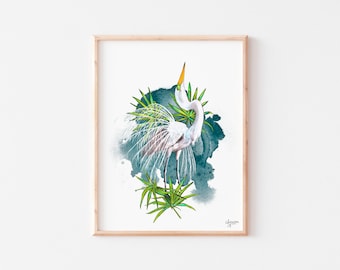 Egret Art Print, Coastal Bird, Breeding Plumage
