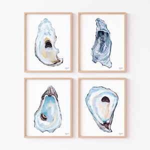 Set di 4 stampe di ostriche atlantiche, stampe da parete con conchiglie di ostriche nei toni della terra