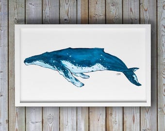 Blue Humpback Whale Art Print Coastal Decor