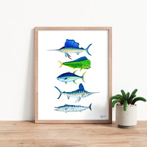 Sport Fish Print, Offshore Grand Slam, Pelagic Fish Art, Fishing Gift, Sailfish, Mahi Mahi, Wahoo, Tuna, Marlin image 2