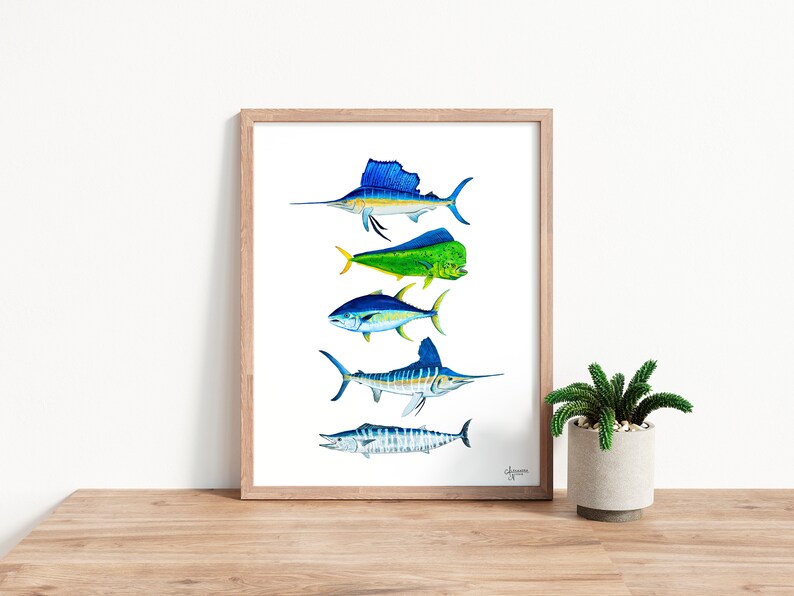 Sport Fish Print, Offshore Grand Slam, Pelagic Fish Art, Fishing Gift, Sailfish, Mahi Mahi, Wahoo, Tuna, Marlin image 2