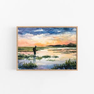 Fisherman Coastal Marsh Painting, Marsh Print, Low Country Painting, Sunset Painting, Fishing Gift, Fly fishing