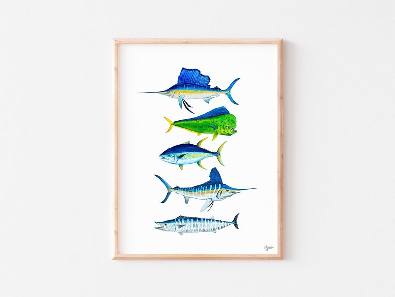 Sport Fish Print, Offshore Grand Slam, Pelagic Fish Art, Fishing Gift, Sailfish, Mahi Mahi, Wahoo, Tuna, Marlin image 1