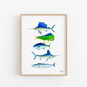Sport Fish Print, Offshore Grand Slam, Pelagic Fish Art, Fishing Gift, Sailfish, Mahi Mahi, Wahoo, Tuna, Marlin image 3