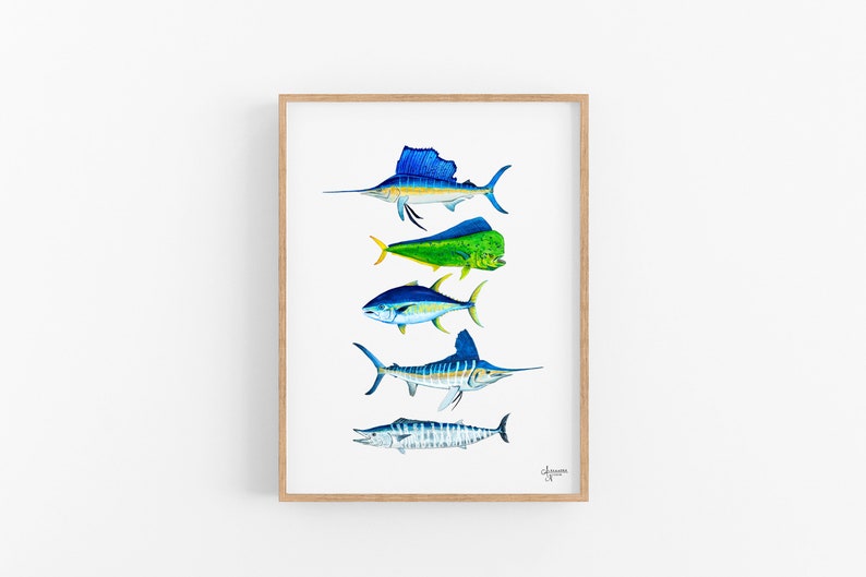 Sport Fish Print, Offshore Grand Slam, Pelagic Fish Art, Fishing Gift, Sailfish, Mahi Mahi, Wahoo, Tuna, Marlin image 3