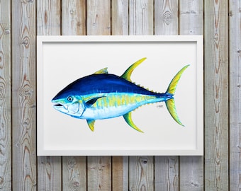 Yellowfin Tuna Watercolor Art Print, Fish Wall Decor, Fish Print, Coastal Art