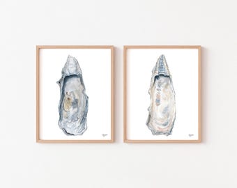 Oyster Shell Watercolor Print Set: Coastal Wall Art