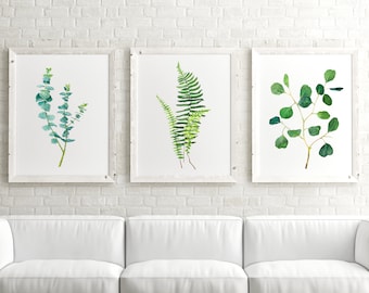 Set of 3 Botanical Prints, Botanical Art, Plant Wall Art, Eucalyptus Print, Fern Print, Plant Print Sets
