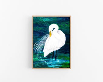 Egret Oil Painting Print, Coastal Bird Art