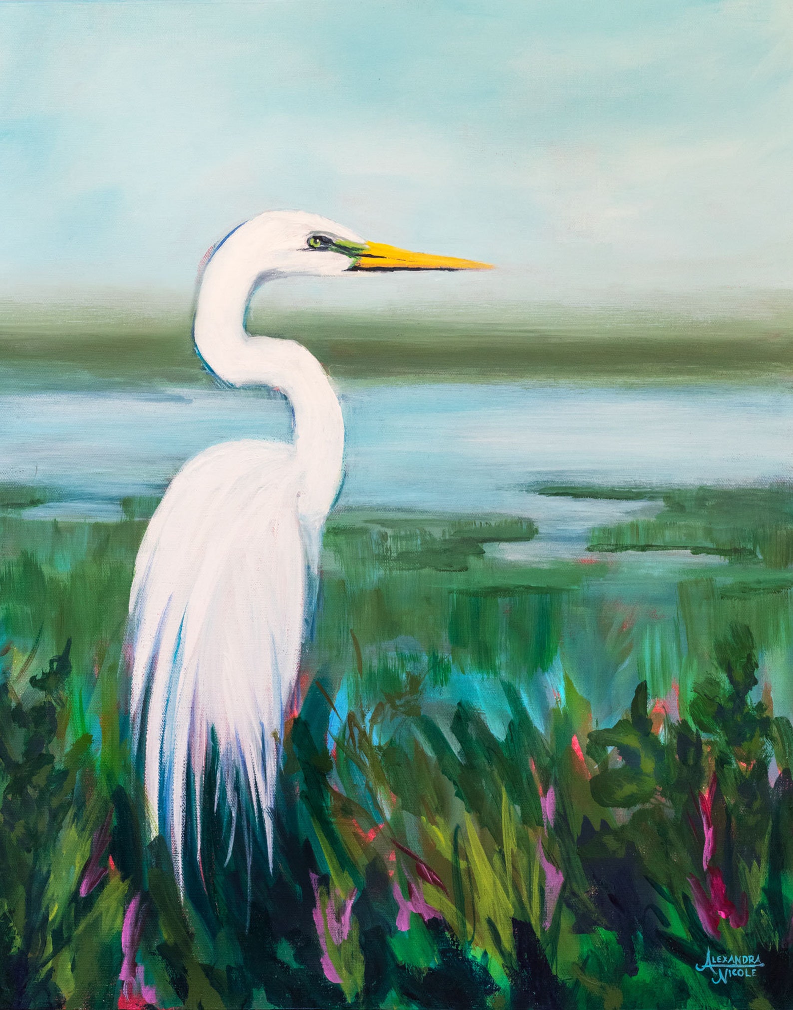 Egret Art Print Egret Artwork Egret Painting Coastal Art Etsy